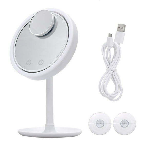 Makeup Mirror with LED Light and Fan 90-degree Rotation Cosmetic Beauty Portable Detachable Tabletop Mirror with 5X Magnifier Mirror