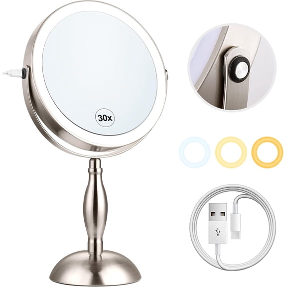 Makeup Mirror with Light - Brushed Nickel, 30x Makeup Brushed Nickel