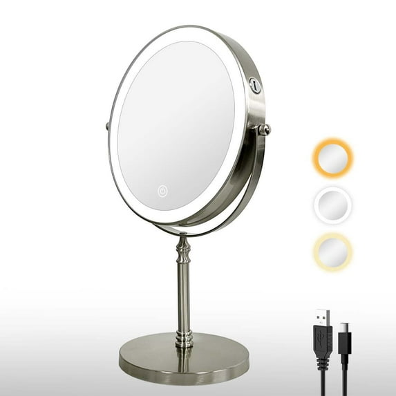Makeup Mirror with Lights, 360° Swivel 1/10x Magnifying Tabletop Mirror w/Touch Sensor & Type-C Charging Port Brushed Nickel
