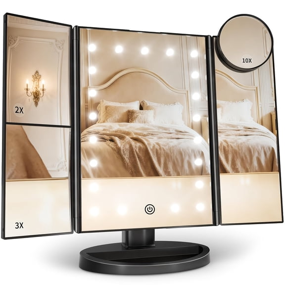 Makeup Mirror with Lights, Tri-Fold Vanity Mirror with 1X 2X 3X 10X Magnification