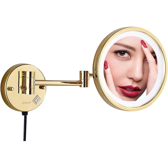 Makeup Mirror with Lights and Magnification,8 inch Brass Bathroom Wall-Mounted Led Cosmetic Vanity Mirror,Swivel Extendable Mirror,Black,3X /Gold/5X