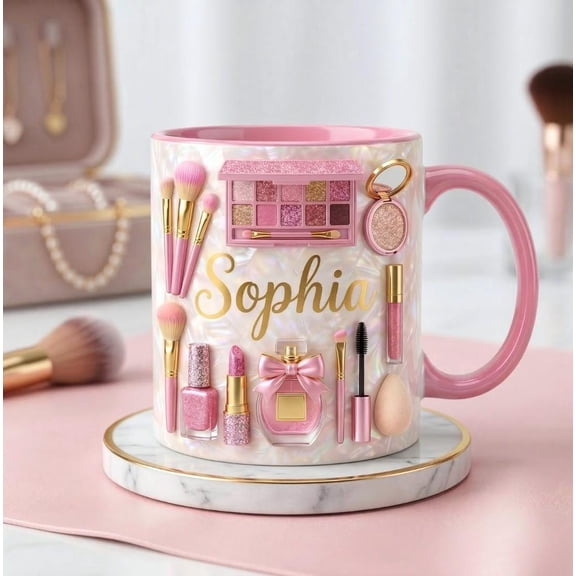 Makeup Mug, 2D Flat Cosmetic Makeup Artist Accent Mug, Custom Name Beauty Lover Coffee Cups, Mother's Day Gift For Mom, Gift For Her
