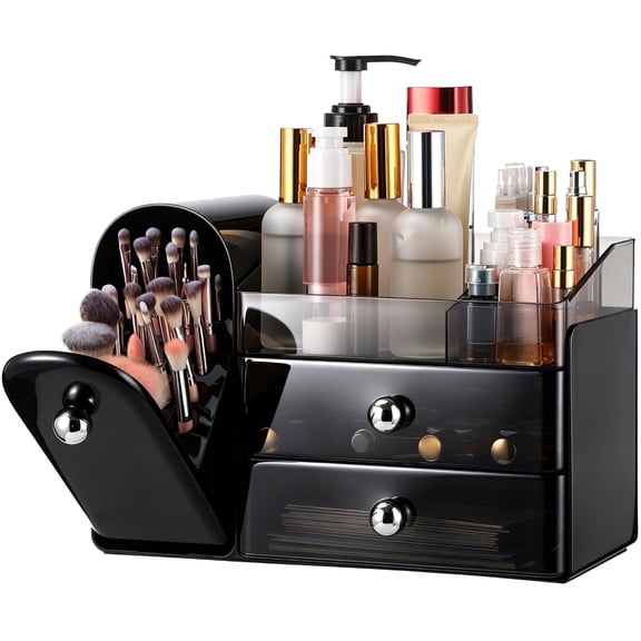 27‑Hole Makeup Brush Holder & Vanity Organizer – Large Cosmetic Storage Case with 2 Drawers, Removable Top Tray, for Lipstick, Perfume, Skincare & Bathroom Counter