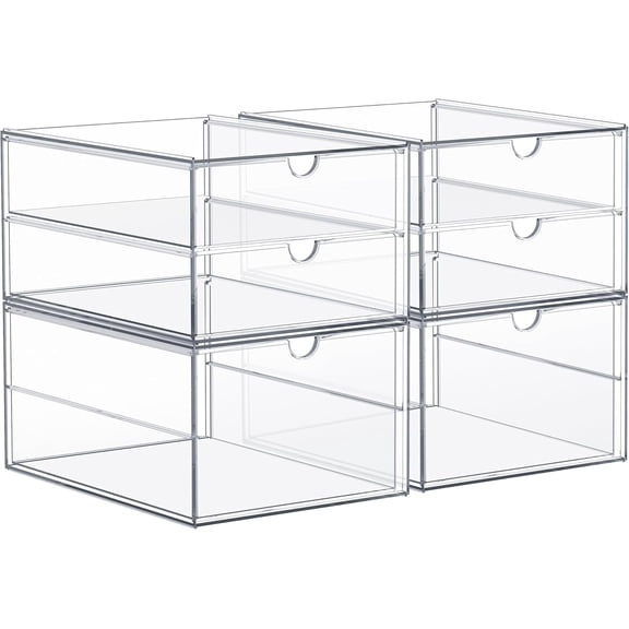 Makeup Organizer With 6 Drawers, Acrylic Drawer Organizer for Makeup, Office Organization and Storage, Art Supplies, Jewelry, Stationary - 4 Pcs Clear Stackable Storage Bins Organizer Drawers