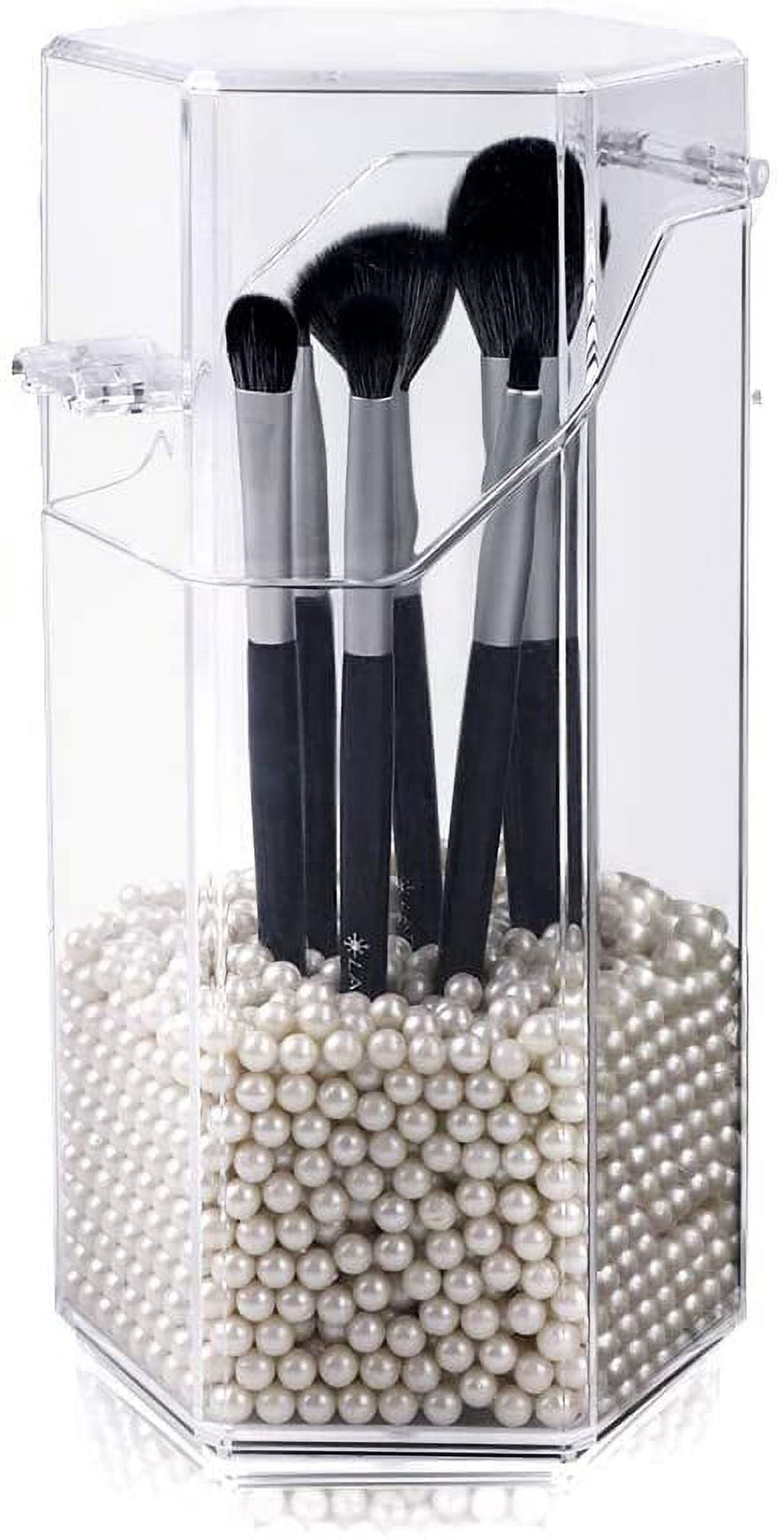 Makeup Organizer, Acrylic Makeup Brush Holder with a Pack of Beads Cosmetic  Brush Storage Box Makeup Brush Pot with Lid for Bathroom Bedroom Dressing