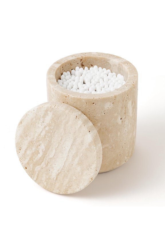 Makeup Organizer Beige Large 4.5" x 3.8" Travertine Qtip Holder