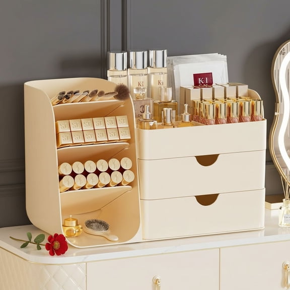Makeup Organizer with Brush Holder for Vanity,Countertop Makeup Organizer with Drawers,Spacious Cosmetic Display Case,Perfect Storage Solution for Your Beauty Essential (All Cream, Large)