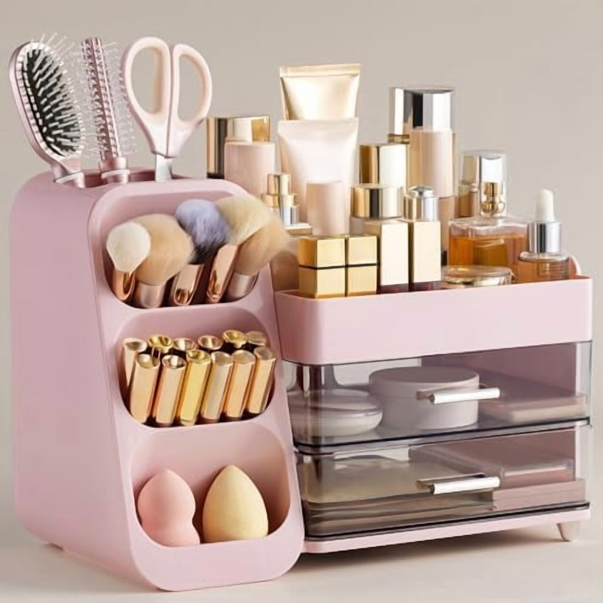 Makeup Organizer with Brush Holder for Vanity, Large Plastic Bathroom