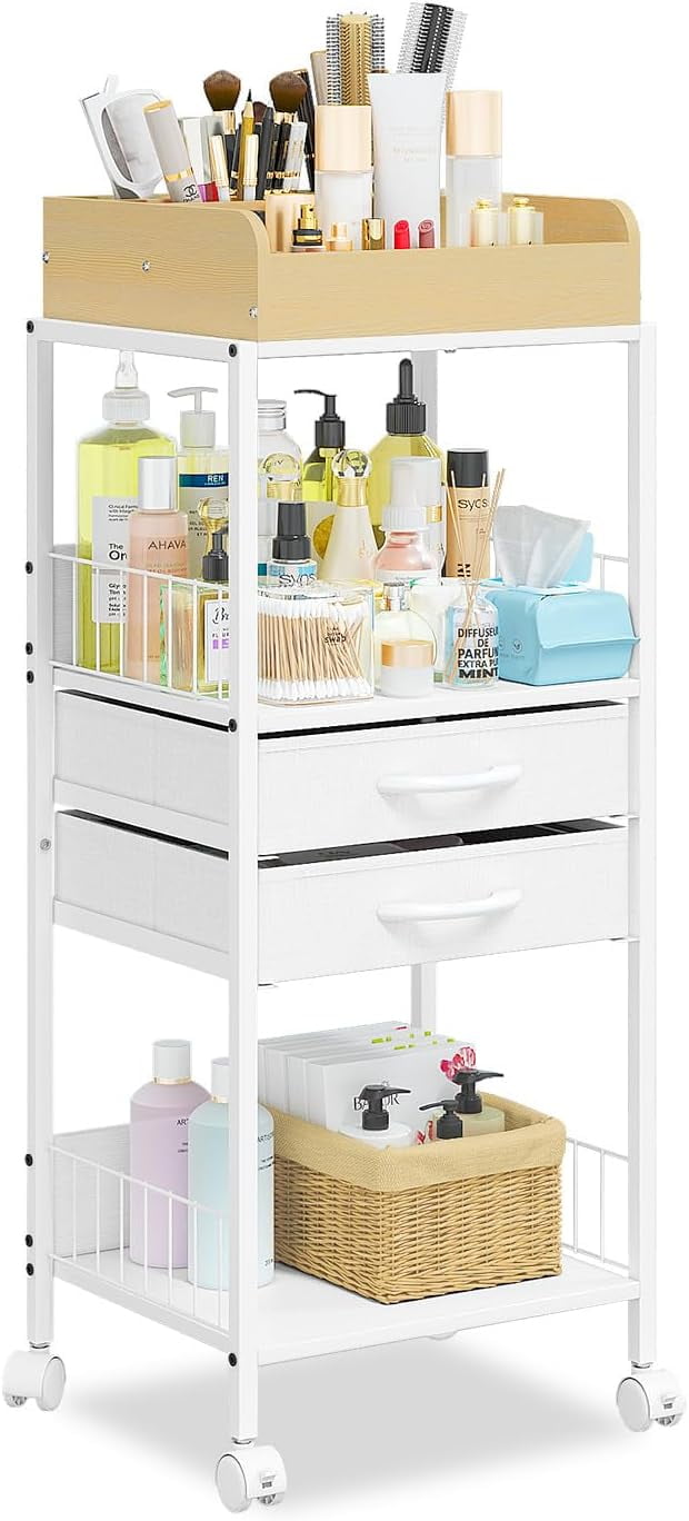 White and Wood Floor Makeup Organizer with Drawers