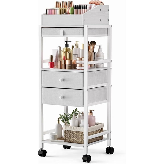 Makeup Organizer Cart, Floor Skincare Organizers, Makeup Storage with Drawers, Vanity Organizer Cosmetics Display Cases Holder for Skin Care Perfume Nail Polish Makeup Brush Hair Tool, White