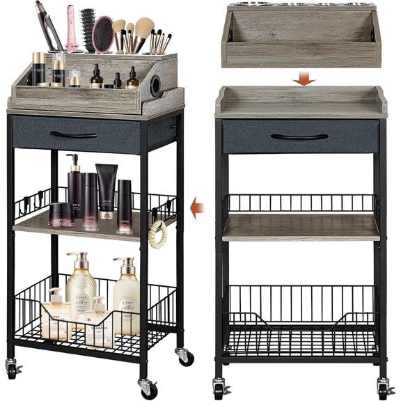 Makeup Organizer Cart Large, 2-in-1 Beauty Organizer with Wheels & Hair Tool Holder, Makeup Stand with Drawer, Storage Display Cases for Care Polish Perfume-Black