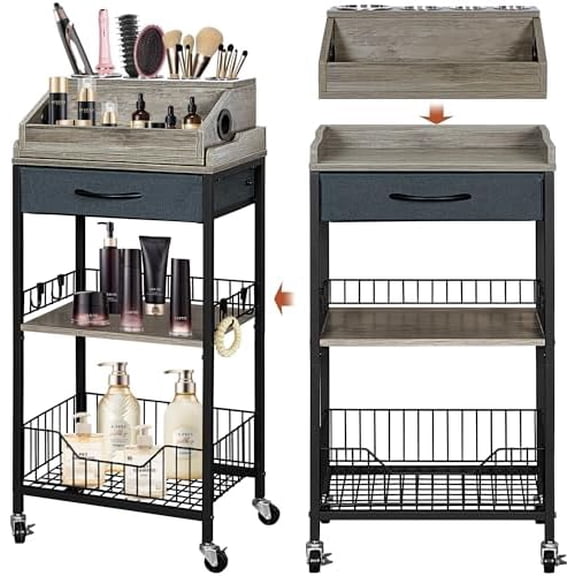 Makeup Organizer Cart Large, 2-in-1 Beauty Organizer with Wheels & Hair Tool Holder, Makeup Stand with Drawer, Vanity Storage Cosmetics Display Cases for Skin Care Nail Polish Perfume-Black