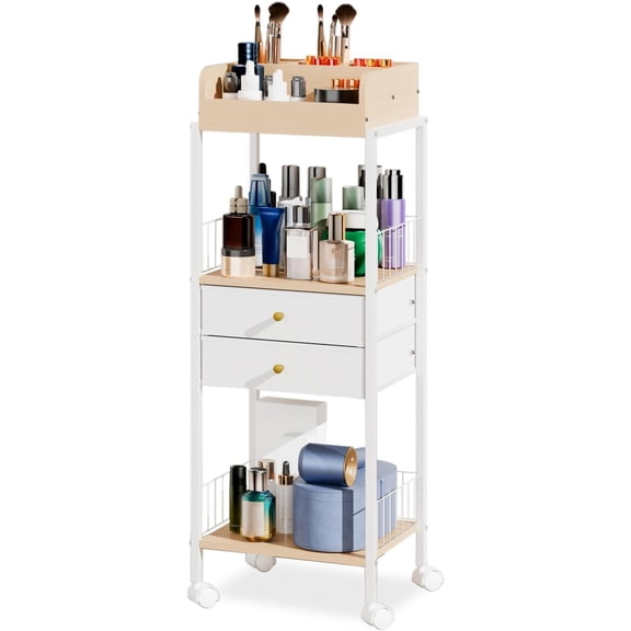 Makeup Organizer Cart Shelf Floor Skincare Organizers Make Up and Station Storage Cabinet For Vanity Standing With Drawers and Wheels For Polish Perfume Hair Tool Holder Beauty(White)