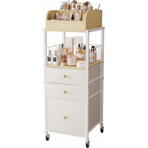 Makeup Organizer Cart with 3-Tier Drawers and Open Storage for Cosmetics Skincare and Art Supplies White