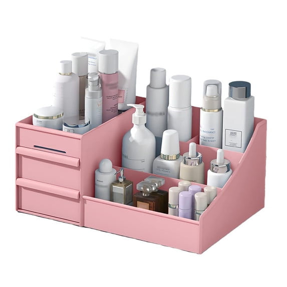 Makeup Organizer, Cosmetic Desk Storage Box with Drawers Skincare Organizers for Dressing Table, Countertop, Bathroom Counter, Vanity Holder for Brushes, Lotions, Lipstick, Perfume (Pink)