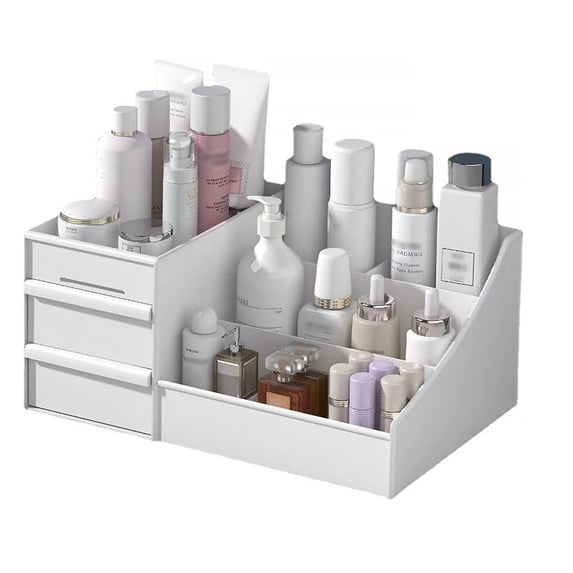 Makeup Organizer, Cosmetic Desk Storage Box with Drawers Skincare Organizers for Dressing Table, Countertop, Bathroom Counter, Vanity Holder for Brushes, Lotions, Lipstick, Perfume (White)
