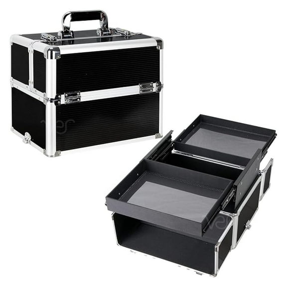 Makeup Organizer, Cosmetic Travel Kit, Makeup Artist Supplies, 2 Sliding Trays, Lockable Storage Box, Makeup Train Case, Aluminium Case, Lightweight Makeup Vanity (Black Stripes)