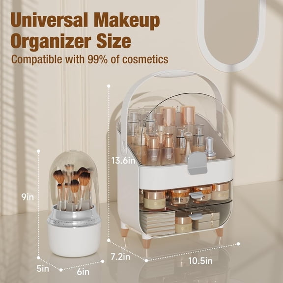 Makeup Organizer Countertop & 360 °   Rotating Makeup Brush Holder, Skincare Holder with Lid and Drawers, Storage Box Cosmetic Display Cases, Teen Girl Gifts, Vanity, Bathroom Counter, Silver