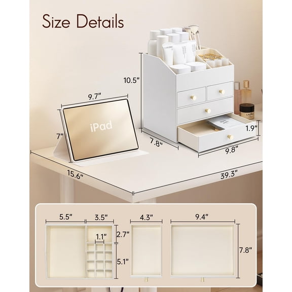 Makeup Organizer Countertop,Large Vanity Organizer PU Leather Make up Storage with 4 Drawers Skin care Organizer Cosmetic Display Case for Lipstick,Brushes,Bedroom-White