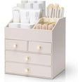 thumbnail image 1 of Makeup Organizer Countertop,Large Vanity Organizer PU Leather Make up Storage with 4 Drawers Skincare Organizer Cosmetic Display Case for Lipstick,Brushes-Apricot White, 1 of 17