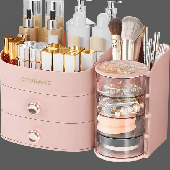 Makeup Organizer Countertop, Make Up Organizer for Vanity, Skincare & Cosmetic Organizers with Drawers, Bathroom Organizers Storage for Brush Holder|Lipstick|Jewelry, Ideal Gift for Women PINK