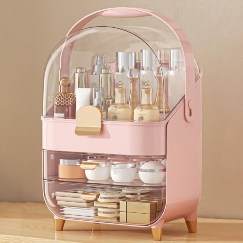 Makeup Organizer Countertop, Skincare Holder Bathroom Counter Organizer, Storage Box Cosmetic Display Cases, Teen Girl Gifts Make up Organizers for Vanity, Dresser (Pink) | Skincare Holder,