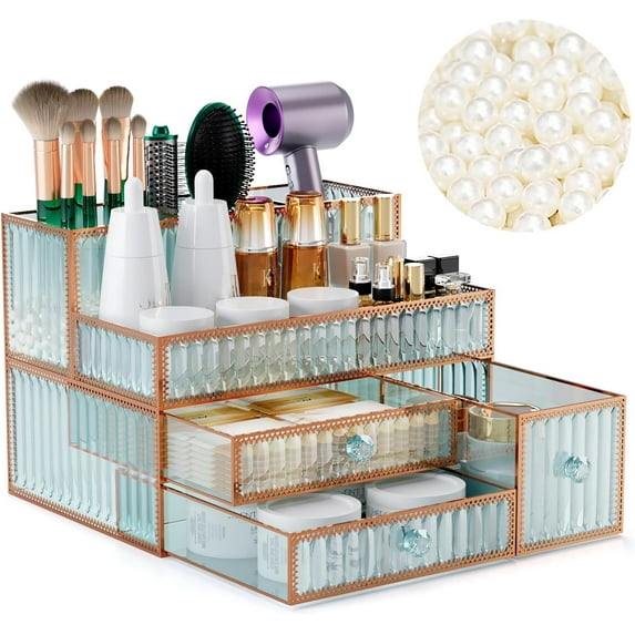 Makeup Organizer Countertop - Tempered Glass Vanity Organizer for Cosmetics, Skincare, Hair Tools, Brushes, Perfume - Multipurpose Bathroom Counter Skincare Organizer