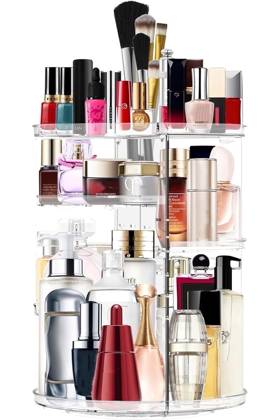 Rotating Makeup Organizer, Cosmetic Display Case with Brush Holder, DIY 8 Adjustable Layers Spinning Skincare Organizer