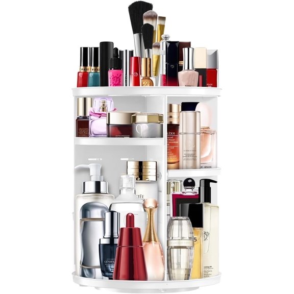 Makeup Organizer DIY Adjustable Cosmetic Organizer 360 Rotating Makeup Carousel Spinning Holder Rack Cosmetic Storage Box Makeup Brushes Organizer for Vanity Countertop, White