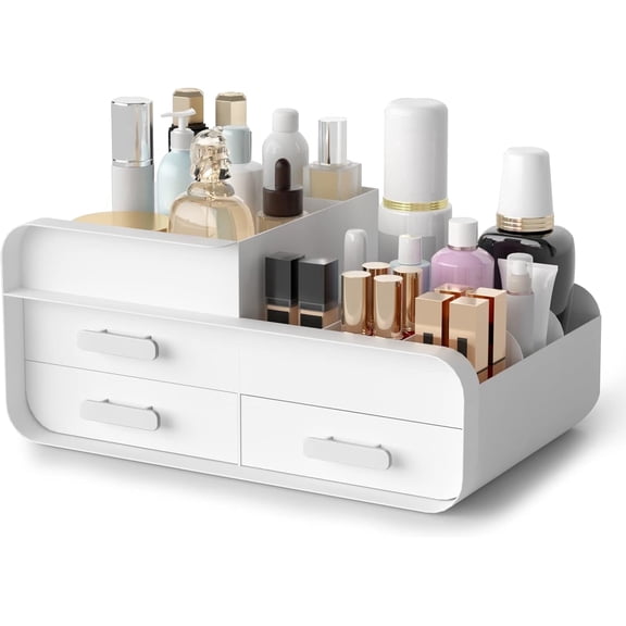 Makeup Organizer With Drawers, Bathroom Countertop Organizer with 3 Drawers for Dressing Table, Vanity Countertop, Counter, Elegant Makeup Organizers and Storage,Ideal Gifts for Women (White)