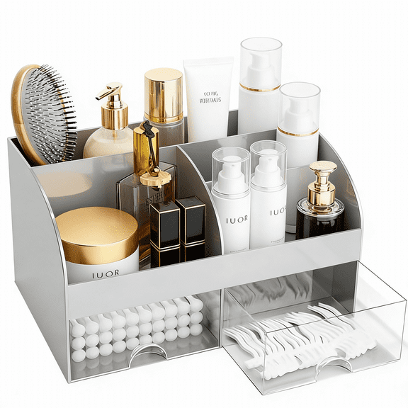 Makeup Organizer with Drawers, Cosmetic Storage for Dresser Vanity and Bathroom Countertop, Beauty Holder for Lipstick Brush, Skincare Organizer for Vanity, Cosmetic Display Case (Grey)
