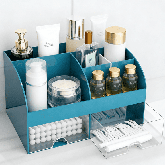 Makeup Organizer with Drawers, Cosmetic Storage for Dresser Vanity and Bathroom Countertop, Beauty Holder for Lipstick Brush, Skincare Organizer for Vanity, Cosmetic Display Case (Dark Green)