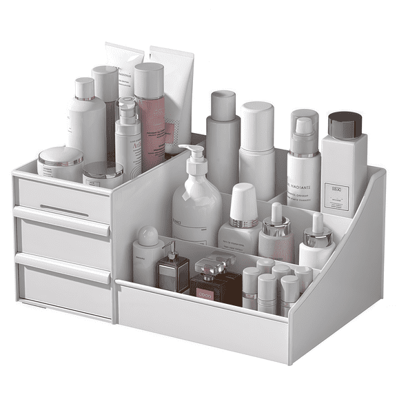 Makeup Organizer with Drawers ,GIXUSIL Countertop Organizer for Cosmetics, Vanity Holder for Brushes, Eyeshadow, Lotions, Lipstick and Nail Polish and Jewelry (White)