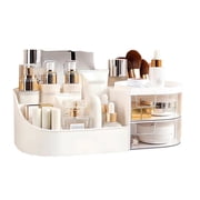 Makeup Organizer With Drawers, Large Countertop Vanity Cosmetic Stand Containers, Lipsticks Brushes Desk Storage Organizer with 2 Drawers and 7 Compartments , White