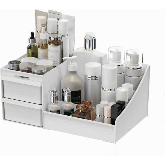 Makeup Organizer with Drawers - Organization and Storage Case for Cosmetics Make Up & Jewelry - White Makeup Organizer,Bathroom Counter for Vanity (2 Drawer, 7 Compartment)
