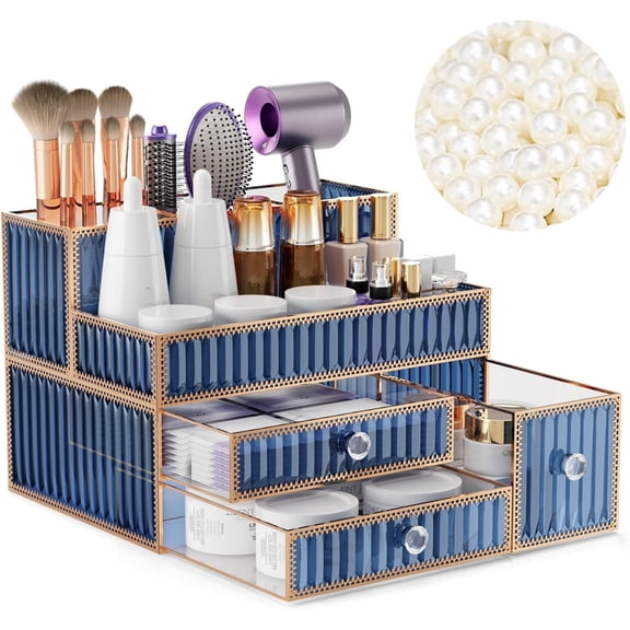 Makeup Organizer Golden- Tempered Glass Vanity Organizer for Cosmetics, Skincare, Hair Tools, Brushes, Perfume - Multipurpose Bathroom Counter Skincare Organizer