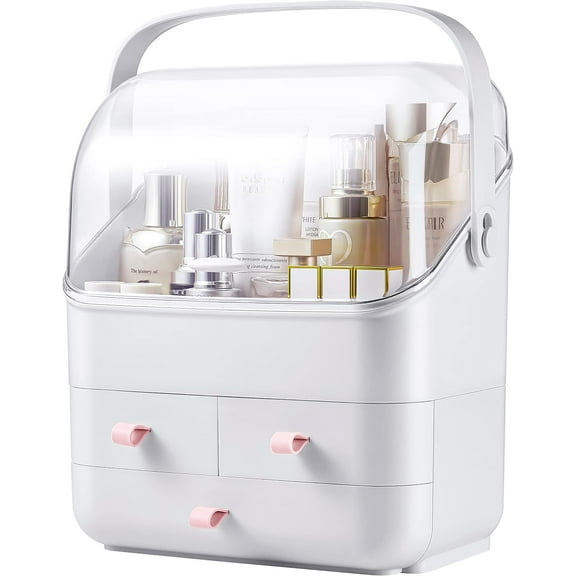 Makeup Organizer Holder,Cosmetic Storage Box with Dust Free Cover Portable Handle Large Makeup Display Case with DrawersFully Open Waterproof Lid for Bathroom Countertop Bedroom,White