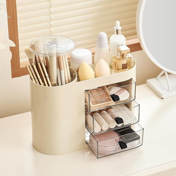 Makeup Organizer with Pop-Up Brush Holder for Dresser , Plastic Bathroom Counter Organizer with 3 Drawers & Dust-Proof Cover, Display Case for Lipstick, Skincare, Cream White