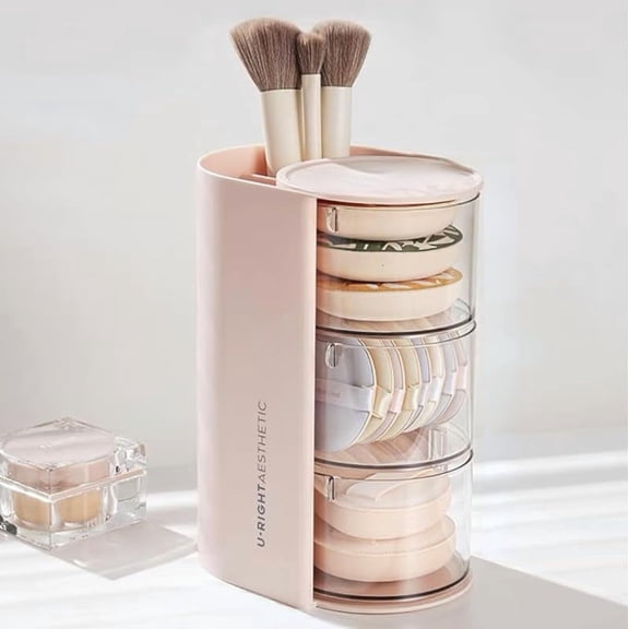 Makeup Organizer Rotating Tower Storage Box with 15 Slots for Makeup Brushes, Eyeliner, Lipstick, Foundation, Powder Puff, etc.