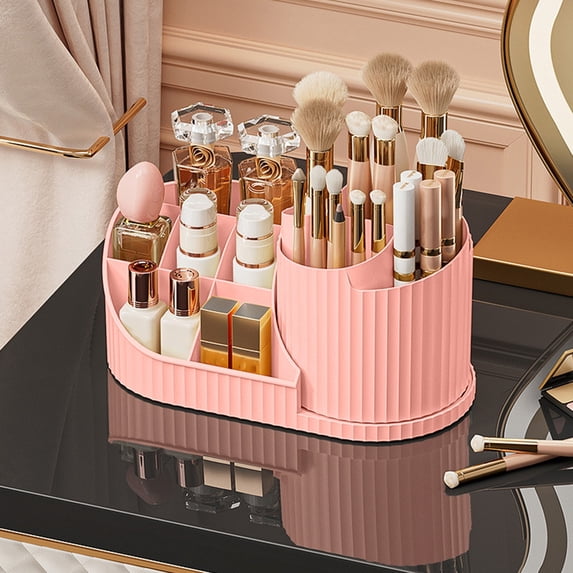 Makeup Organizer, Rotating Transparent Cosmetic Storage Box, Multi-Compartment Lipstick Pen Holder Desktop Dressing Table Organizer, Pink