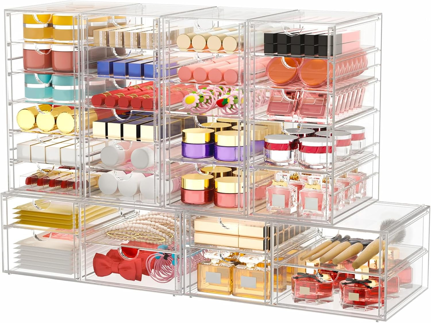 Makeup Organizer Storage with 16 Drawers, 4 Pcs Desktop Office Supplies, Desk Organizers, Clear Accessories, Dustproof Storage Drawer for Make Up, Jewelry, Pen, Stationery