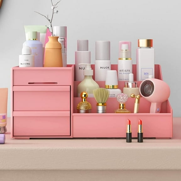 Makeup Organizer Storage Box, Small Cosmetic Dresser Organizer for Skincare, Creams, Lipstick, Toners And Lotion, Cute Bedroom Bathroom Organizer Drawers Countertop for Women and Girls (Pink)
