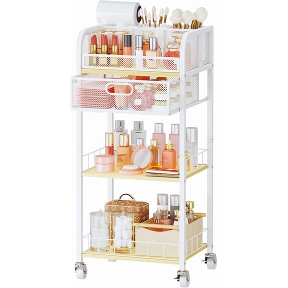 Makeup Organizer Storage Cart - 4 Tier Skincare Make Up Storage with Drawer, Rolling Makeup Cart Vanity Organizer Cosmetics Display Cases Holder for Skin Care Perfume Nail Polish Brush