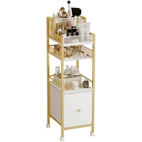 Makeup Organizer Storage Cart with Drawers, Large Floor Makeup Skincare Organizers, Rolling Makeup Cart Vanity Organizer Cosmetics Display Cases Holder for Nail Polish Brush Hair Tool(Gold)