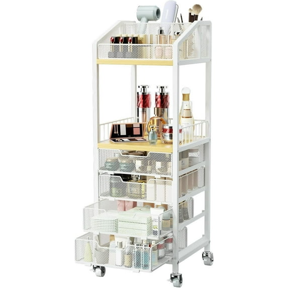 Makeup Organizer Storage Cart - Floor Skincare Make Up Storage with 4 Drawers, Rolling Makeup Cart Vanity Organizer Cosmetics Display Cases Holder for Skin Care Perfume Nail Polish