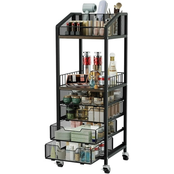 Makeup Organizer Storage Cart - Floor Skincare Make Up Storage with 4 Drawers, Rolling Makeup Cart Vanity Organizer Cosmetics Display Cases Holder for Skin Care Perfume Nail Polish