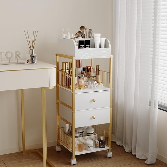 Makeup Organizer Storage Cart with Drawers, Large Gold Vanity Stand for Skincare Cosmetics and Nail Polish