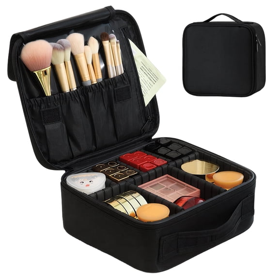 Makeup Organizer Travel Cosmetic Bag with Adjustable Dividers, Portable PU Leather Makeup Case with Brush Holder, Professional Makeup Storage Box for Women,Black