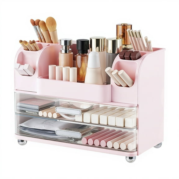 Makeup Organizer for Vanity with 2 Large Drawers, Cosmetic Display Case with Brush Holders, Easy to Storage for Bathroom Countertop Skincare, Desk Office Supplies, Pink