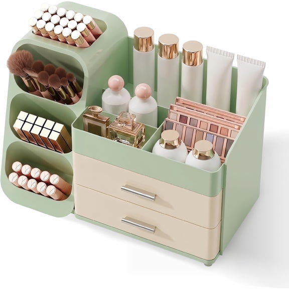 Makeup Organizer for Vanity, Large Capacity Cosmetic Display Case with Drawers, Countertop Beauty Storage Holder Skincare, Brush Eyeliner Eyeshadow Lipsticks, Counter Desk, Cream Green